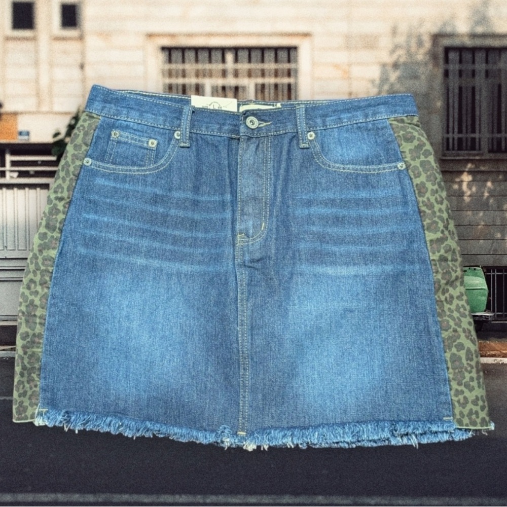 Umgee Blue Denim Mini Skirt with Leopard
